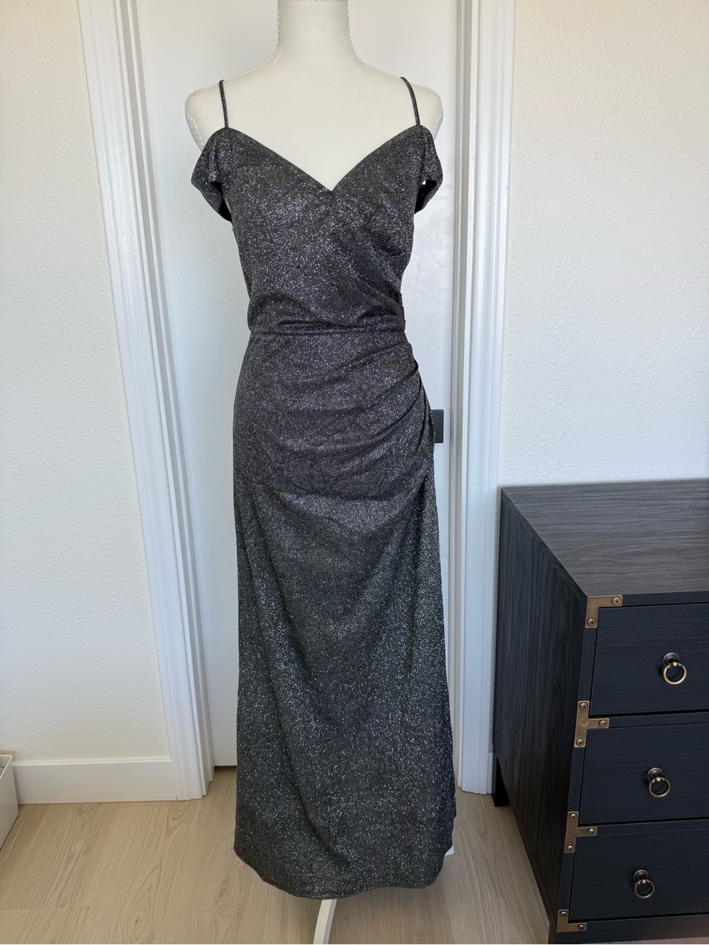 Kourt Off-Shoulder Sparkle Black and Silver Prom Gown New Size Sm